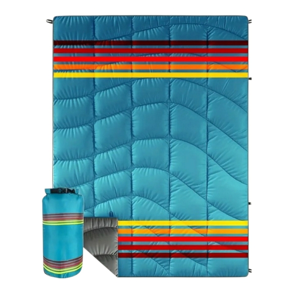 NEW! Striped Puffy Camping Blanket w/ Carrying Case & Sleep Mask